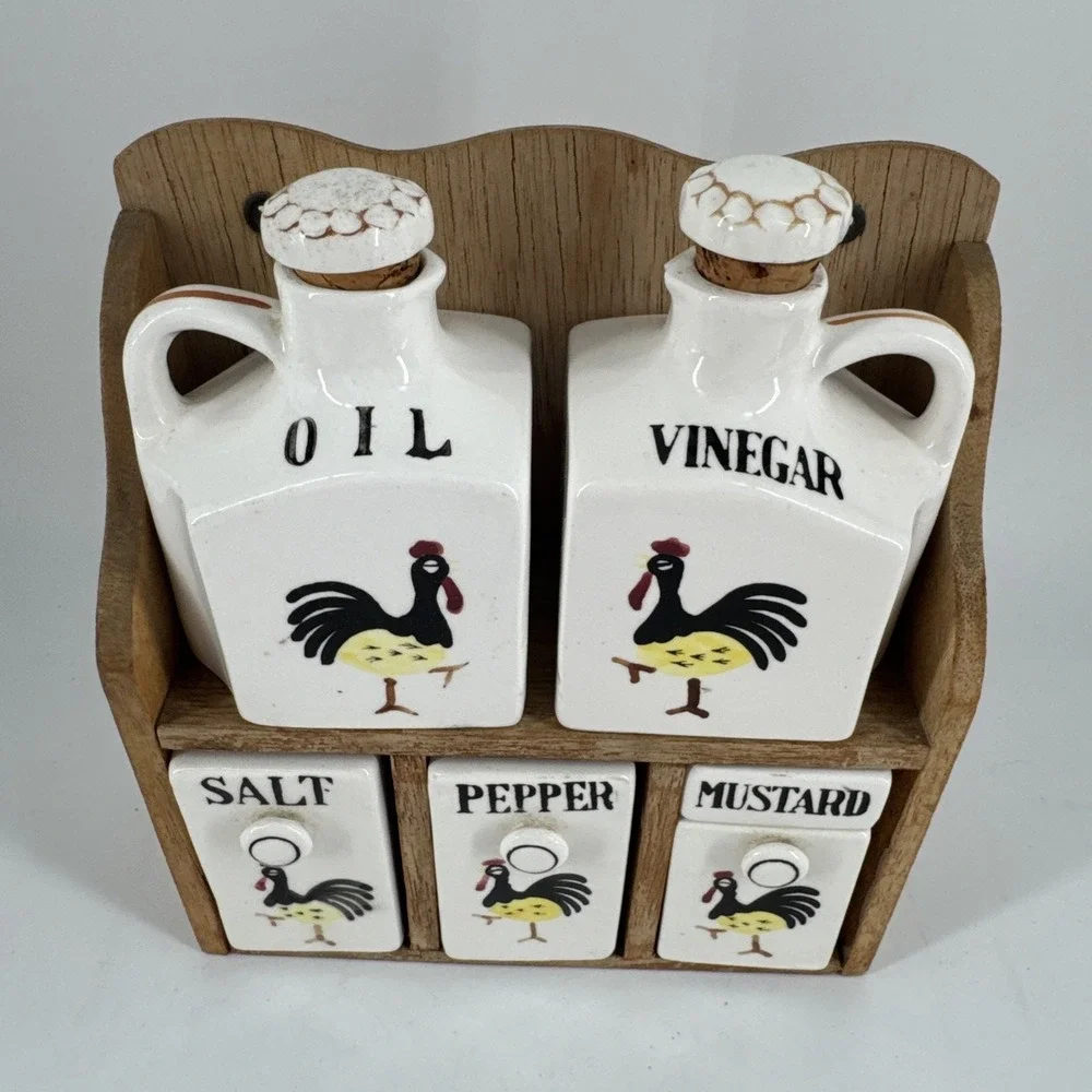 Condiments Set Oil Vinegar Salt Pepper Shaker Mustard Jar Made In Japan Vintage‎